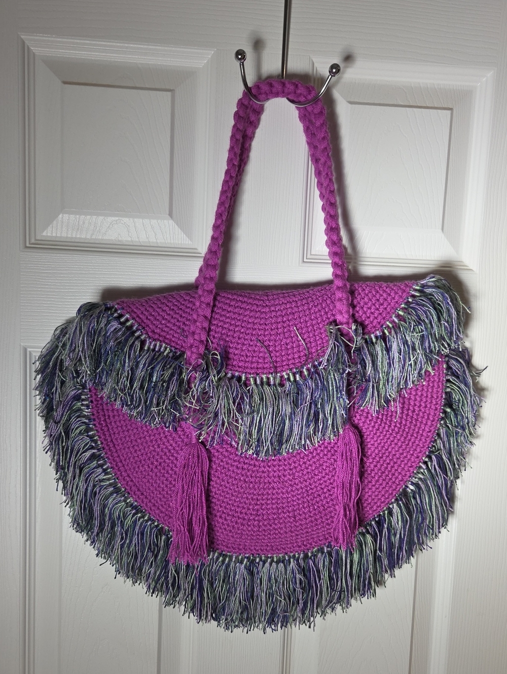 DHRI India Handcrafted Purple Fringe Crochet Tote Bag